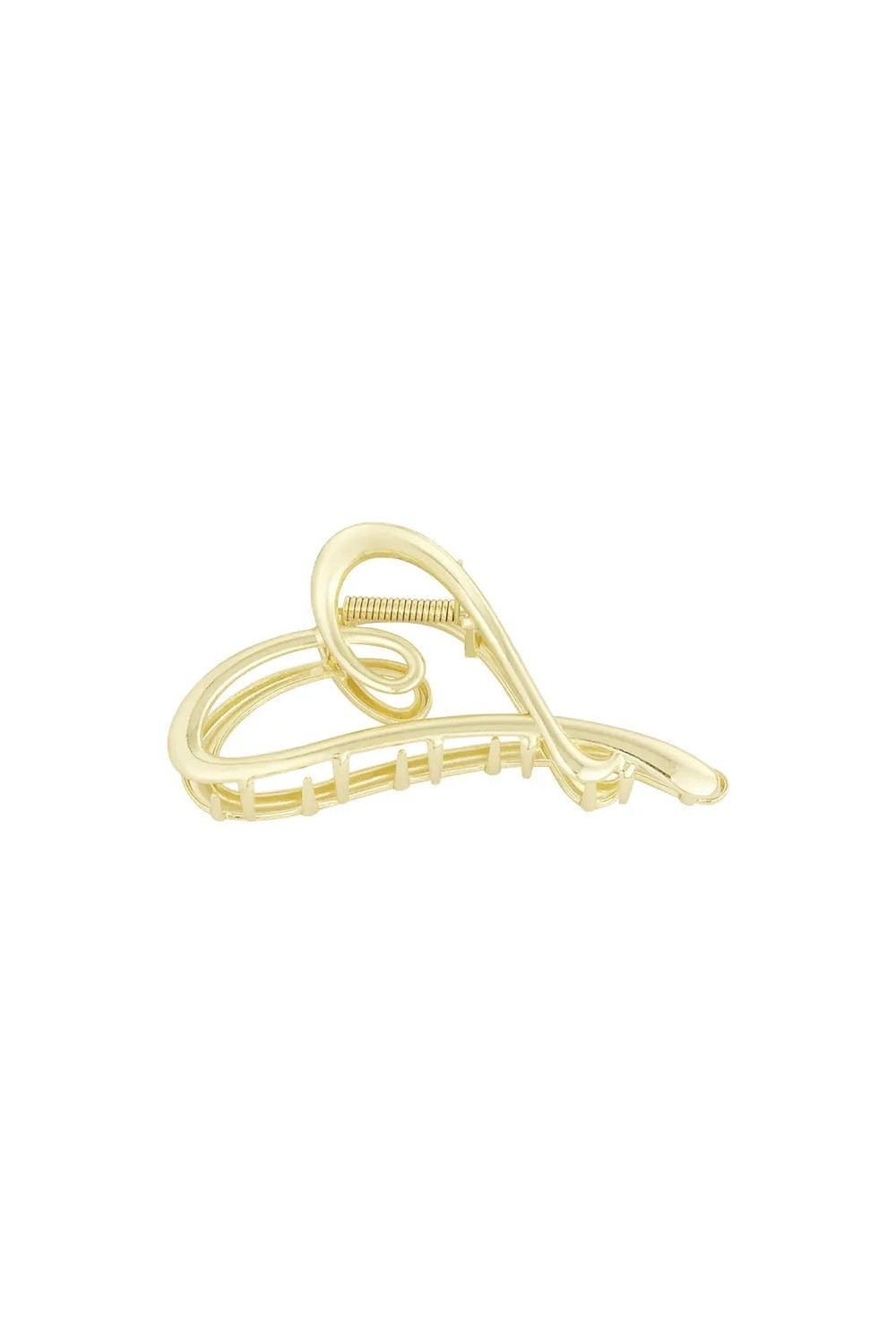 Grote gouden metalen haarklem met abstract vloeiend design elegance gold op een witte achtergrond.