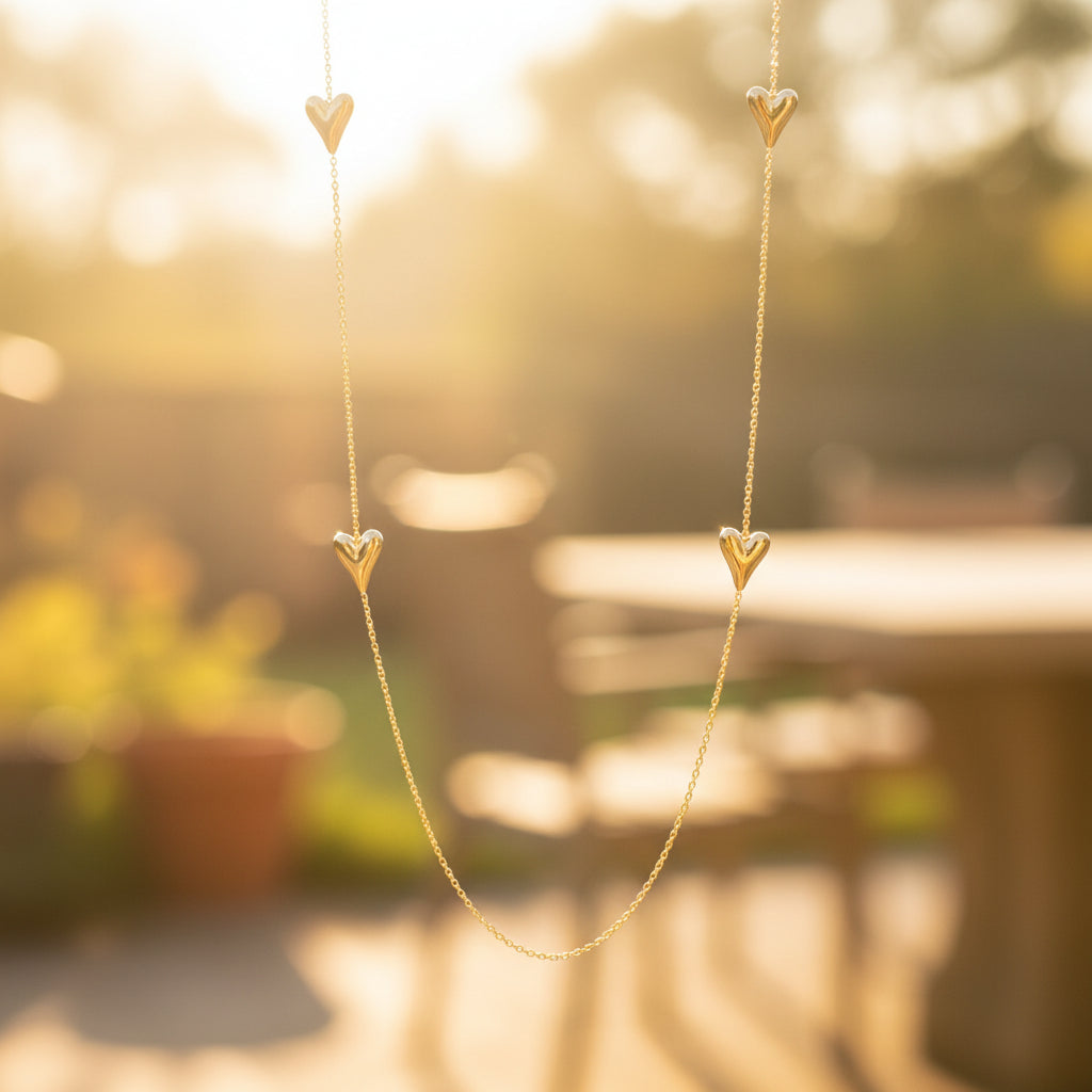 Een verfijnde, goudkleurige ketting met meerdere kleine, bolle harthangertjes, gefotografeerd tegen een sfeervolle, wazige achtergrond van een zonovergoten tuin of terras met warme lichtbollen.