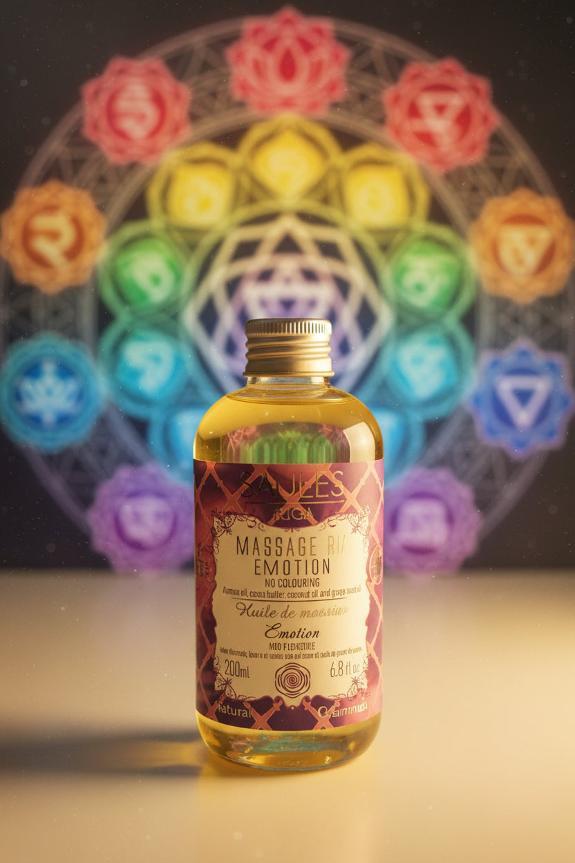 Saules Fabrika luxe massageolie Emotion 200ml doseerfles tegen een spirituele achtergrond met een kleurrijk chakra-wiel - Glow Mystic in Style.