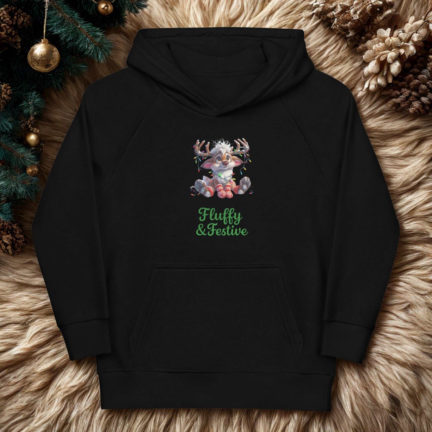 Kids Christmas hoodie in black with festive reindeer design and "Fluffy & Festive" text, cozy and warm for winter.