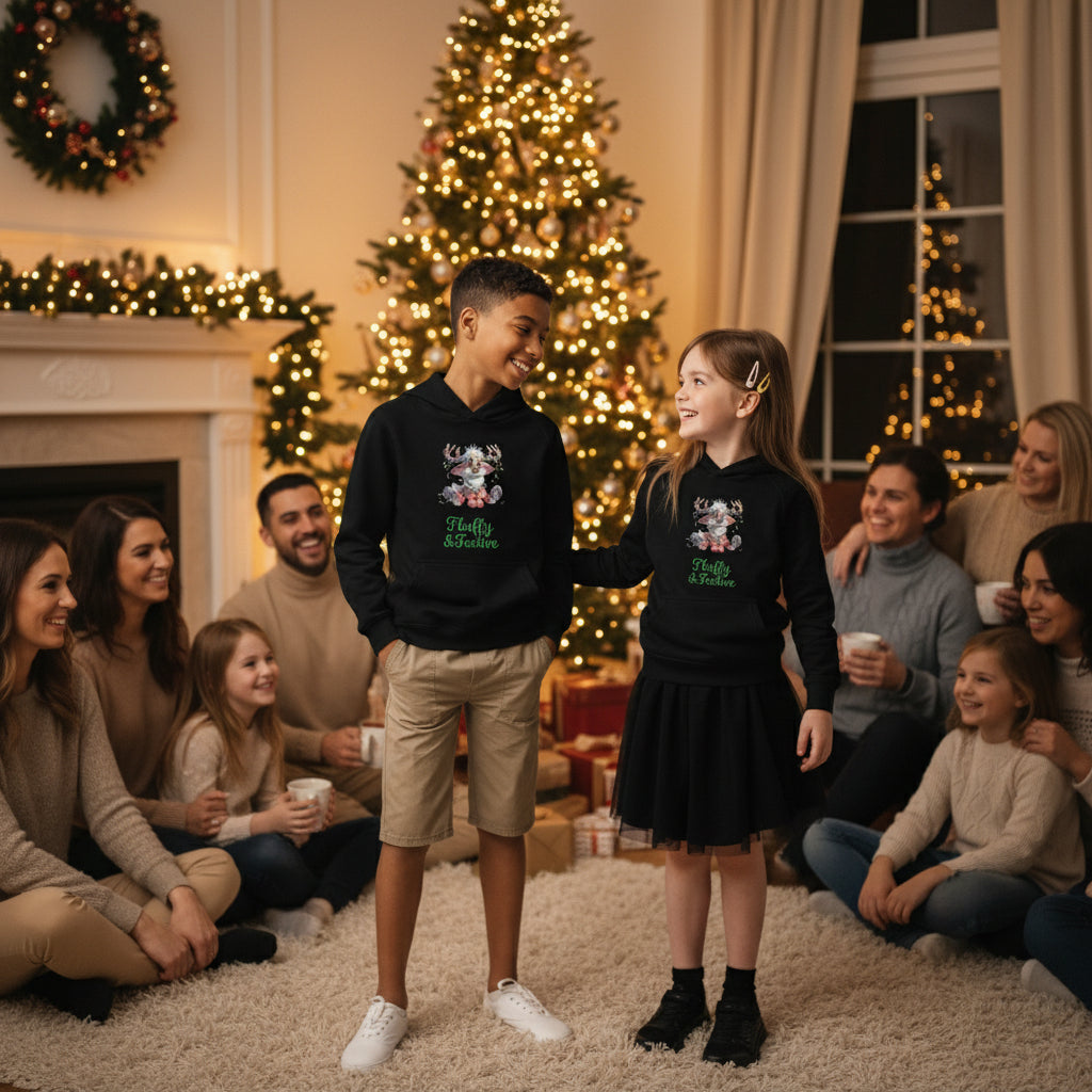Kids Christmas hoodie in black worn by children in festive winter setting with decorated Christmas tree background