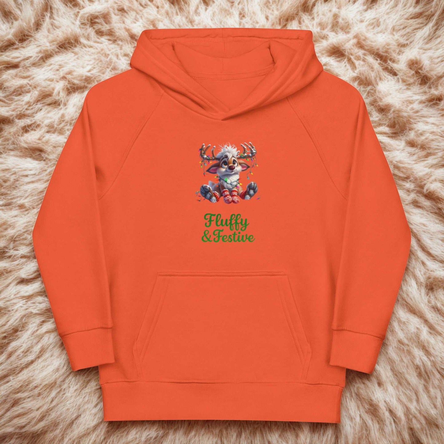 Orange kids Christmas hoodie with festive reindeer graphic and "Fluffy & Festive" text on front
