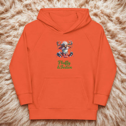 Orange kids Christmas hoodie with festive reindeer graphic and "Fluffy & Festive" text on front