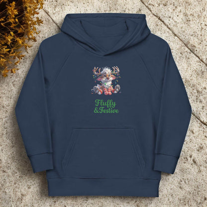 Navy blue kids Christmas hoodie with festive reindeer and "Fluffy & Festive" text front design