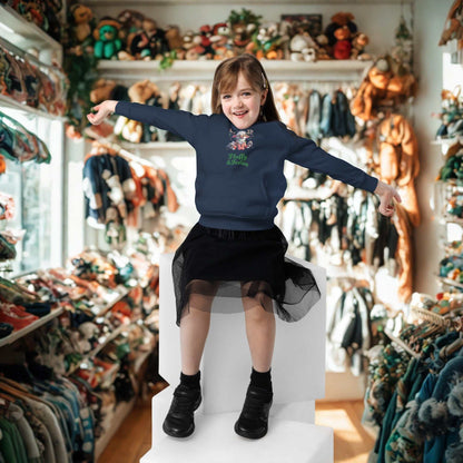 Happy child wearing navy kids Christmas hoodie with festive design sitting in toy store