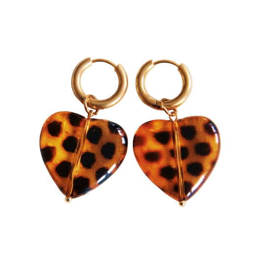 Goudkleurige RVS oorbellen met panterprint hart hanger