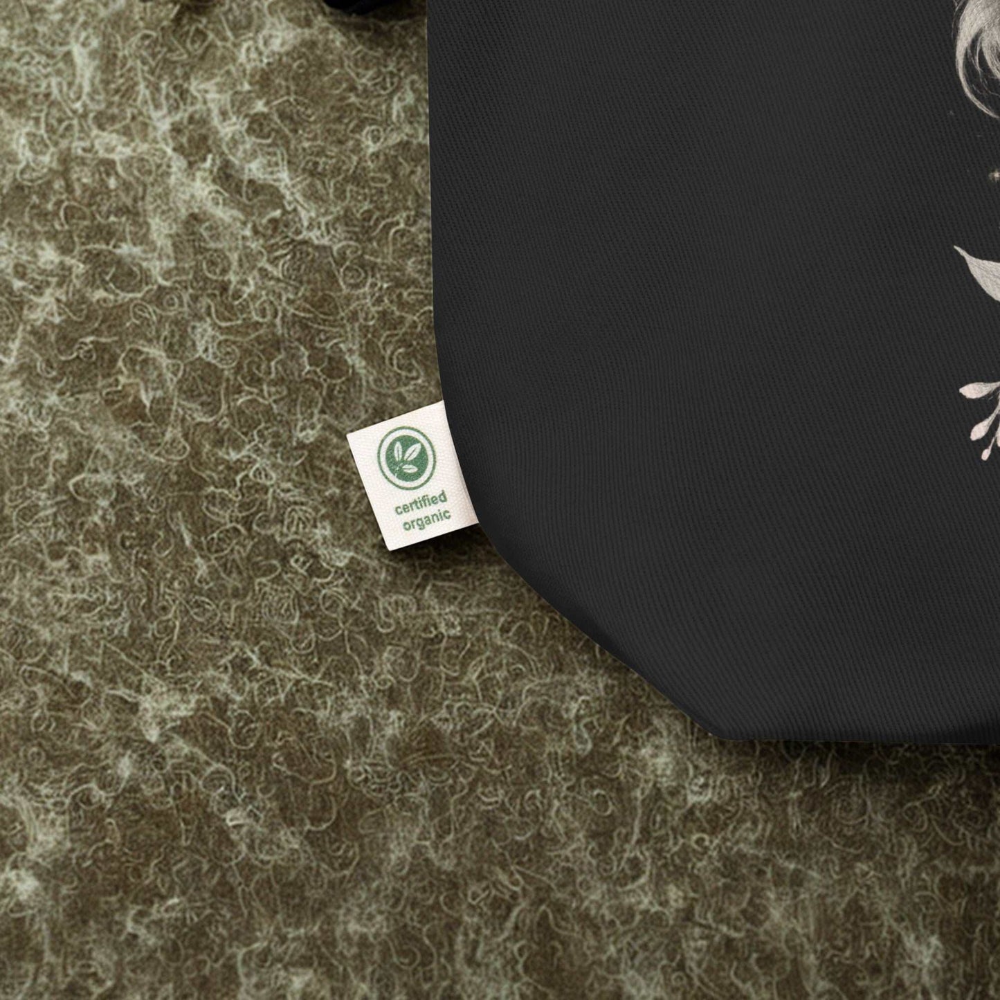 Close-up of eco-friendly certified organic cotton Eco Tote Bag corner with fabric texture and tag visible