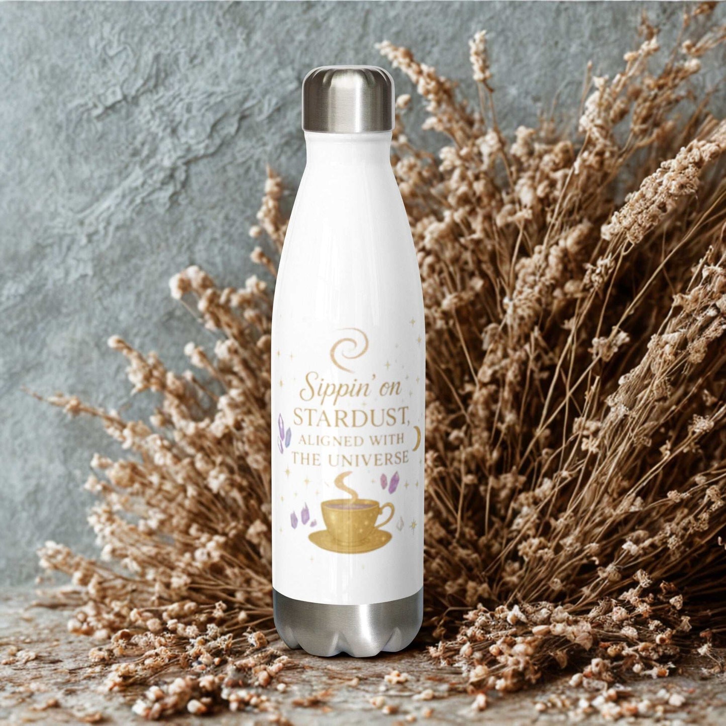 Sleek white Sippin on Stardust Water Bottle with gold and lavender cosmic design, stainless steel, insulated for hot and cold drinks, eco-friendly and leak-proof.