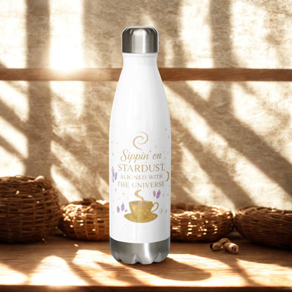 White Sippin on Stardust Water Bottle with gold and purple cosmic cup design and stainless steel cap