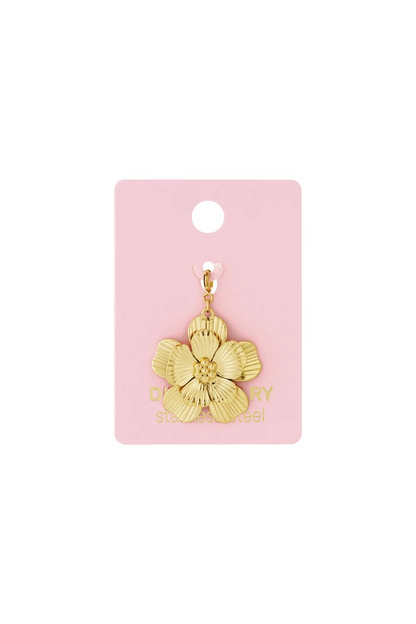 RVS gouden bloemen bedel op roze kaart voor kettingen en armbanden.