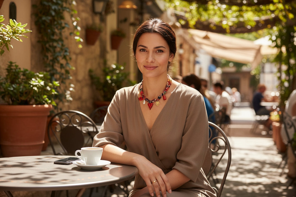 Sfeervolle sfeerimpressie van een vrouw op een zonnig terras die een kleurrijke boho choker ketting met bedels draagt.