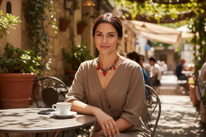 Sfeervolle sfeerimpressie van een vrouw op een zonnig terras die een kleurrijke boho choker ketting met bedels draagt.