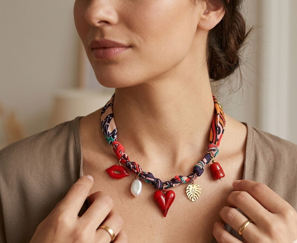 Model-shoot van de kleurrijke Boho Choker met Stainless Steel bedeltjes (lippen, hart, blad) - Glow Mystic in Style.