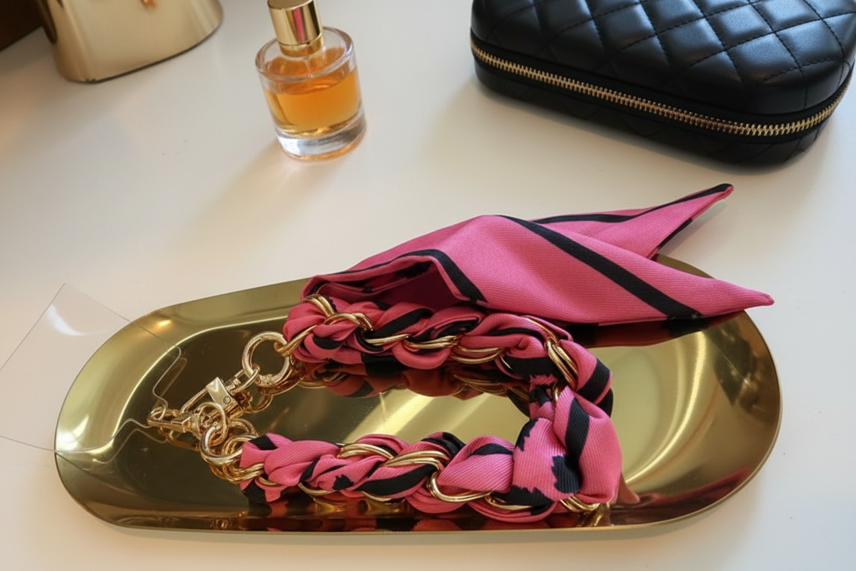 Glow Mystic in Style fuchsia telefoonkoord met gouden details op een goudkleurige glanzende schaal met lifestyle producten eromheen.