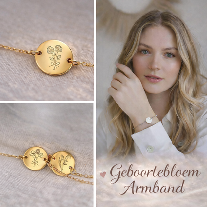 Goudkleurige geboortebloem armband gedragen door model