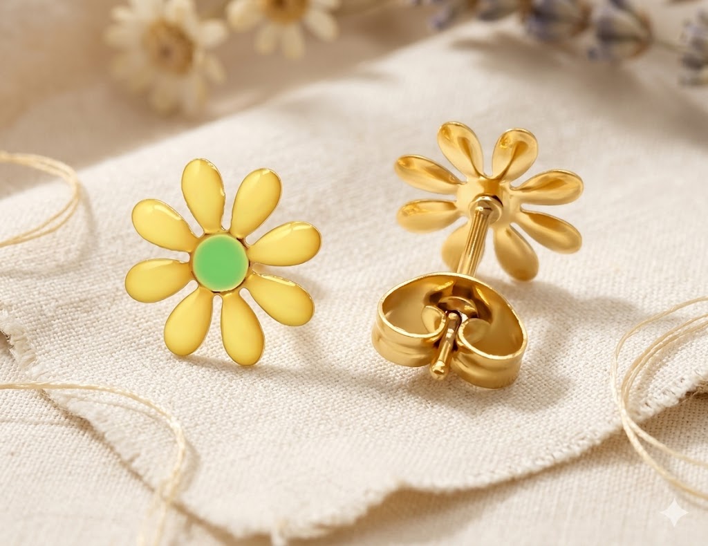 "Een gedetailleerde en sfeervolle productfoto van de pair gele bloem-oorknopjes. Beide RVS oorbellen liggen op een zachte, crèmekleurige linnen doek met een rafelig randje. De voorste oorbel toont de gele blaadjes en het frisgroene hartje. De achterste oorbel laat de gouden achterkant en de vlindersluiting zien. De scène is verlicht met warm zonlicht, omgeven door gedroogde lavendel en kamillebloemetjes."