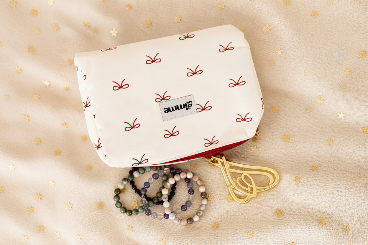 Glow Mystic in Style Gimme make-up tasje met rode strikjes gestyled met sieraden op gouden achtergrond