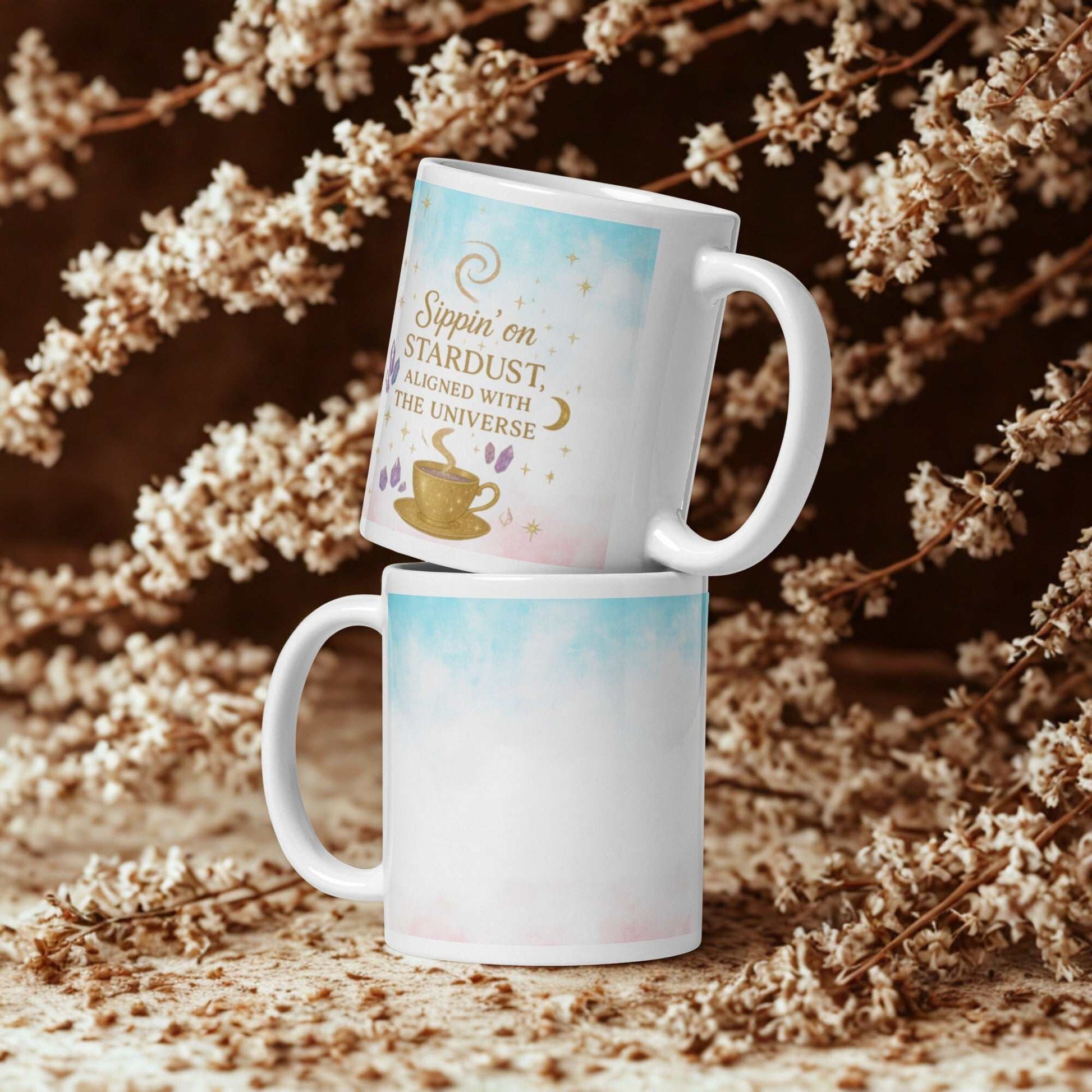 Ceramic Sippin on Stardust Coffee Mug with celestial design, 11 oz capacity, microwave and dishwasher safe
