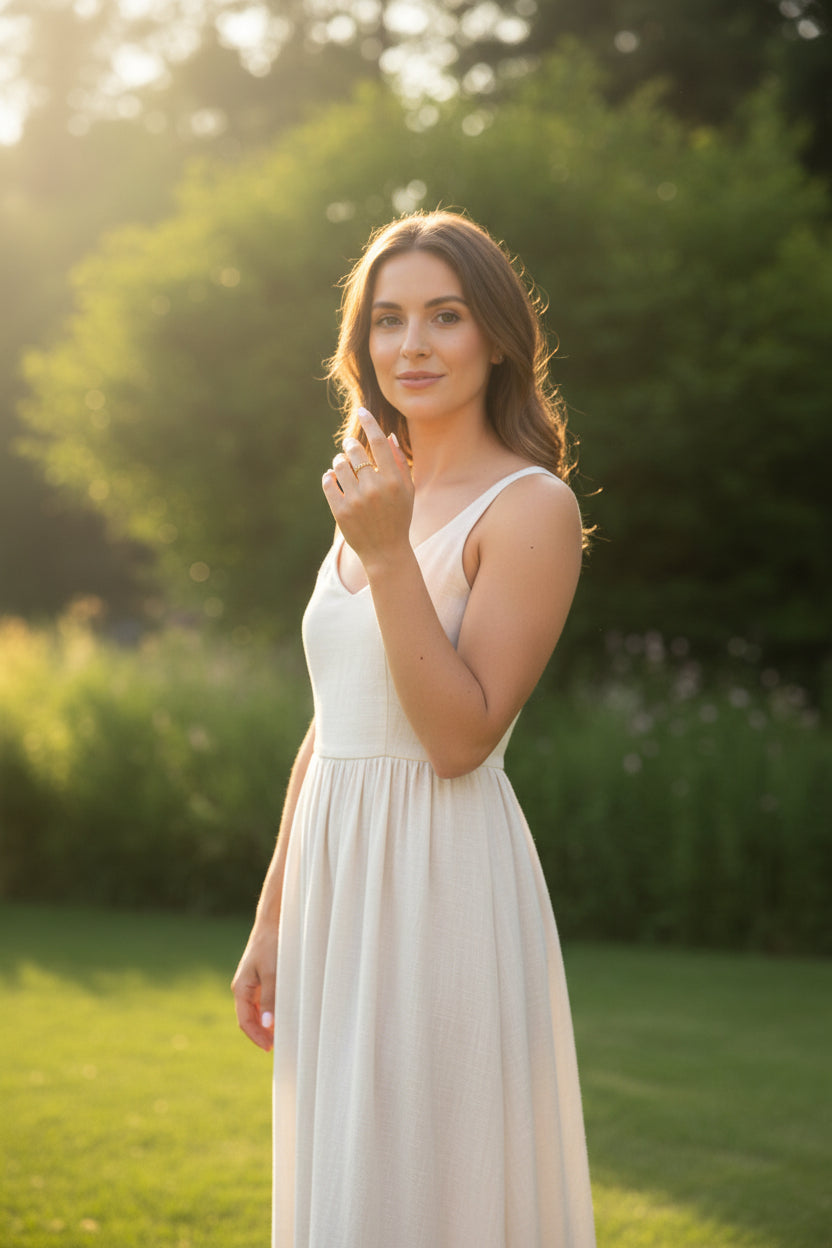 "Close-up van een vrouw in een elegante witte jurk die de goudkleurige RVS ring met kristallen op haar hand laat zien."