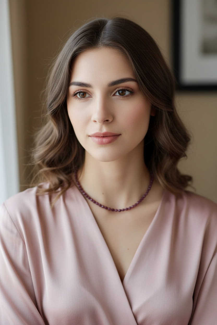 Model draagt de dieprode facet geslepen granaat ketting gecombineerd met roze top