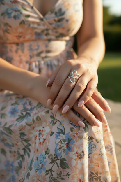 Lifestyle foto van de zilveren Abstract Flower ring gedragen aan de hand, gecombineerd met een zomerse bloemenjurk voor een luxe en vrouwelijke uitstraling."