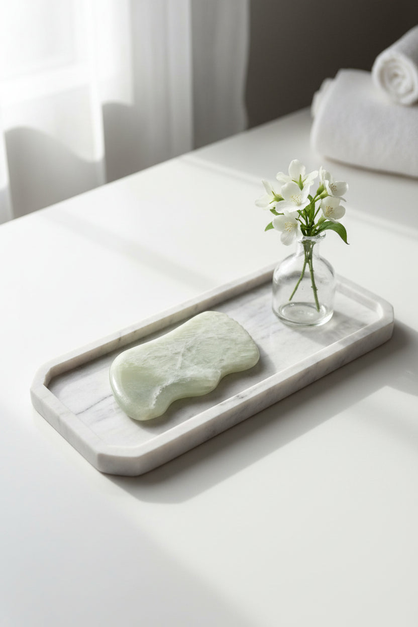 Authentieke groene Jade Gua Sha massagesteen geplaatst op een luxe marmeren plateau naast een vaas met pampaspluimen - Glow Mystic in Style.