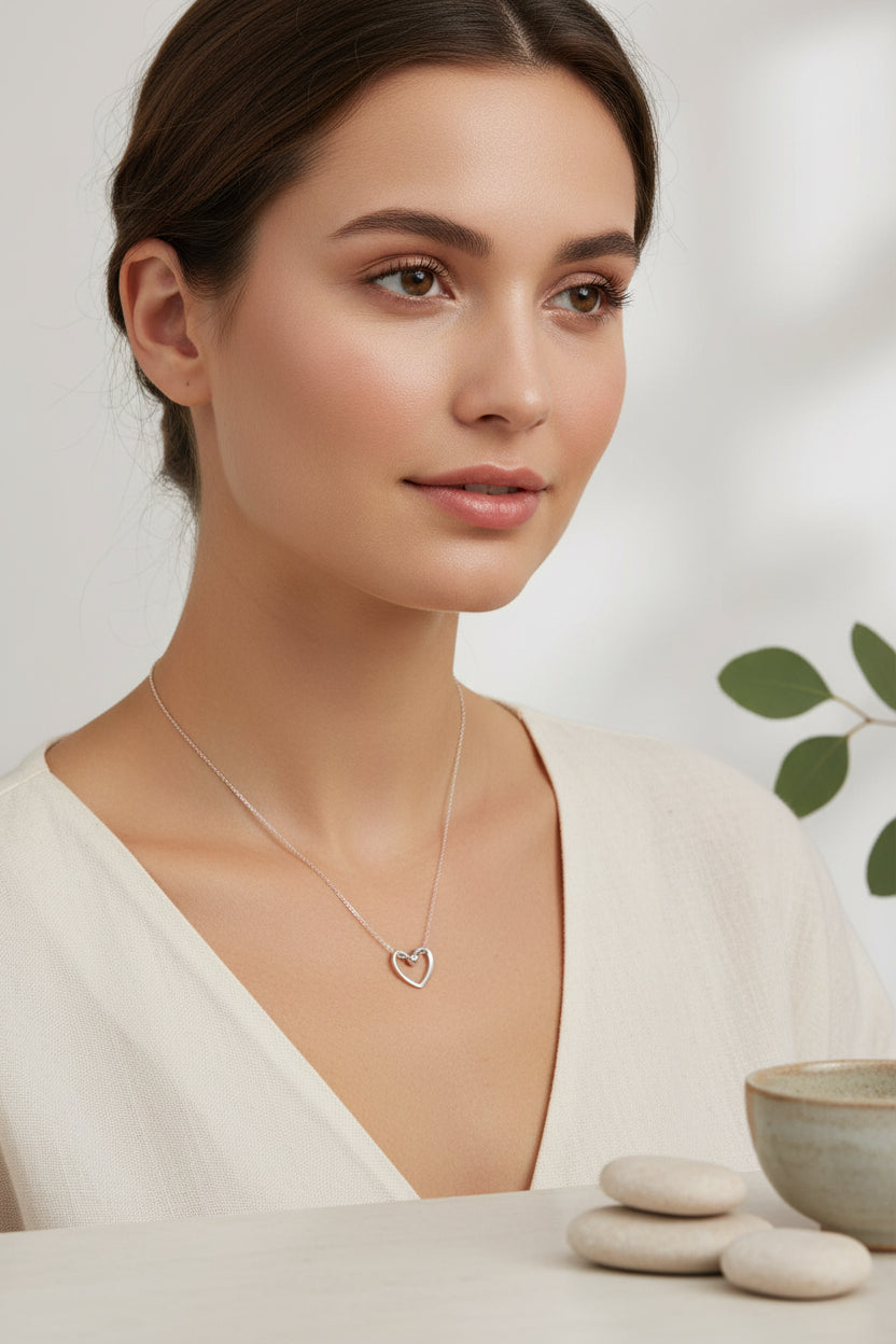 Minimalistische hart ketting zilver gedragen op de huid, subtiel en elegant