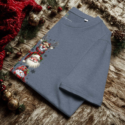 Unisex organic cotton Christmas t-shirt with festive reindeer, Santa, and snowman print on soft blue fabric