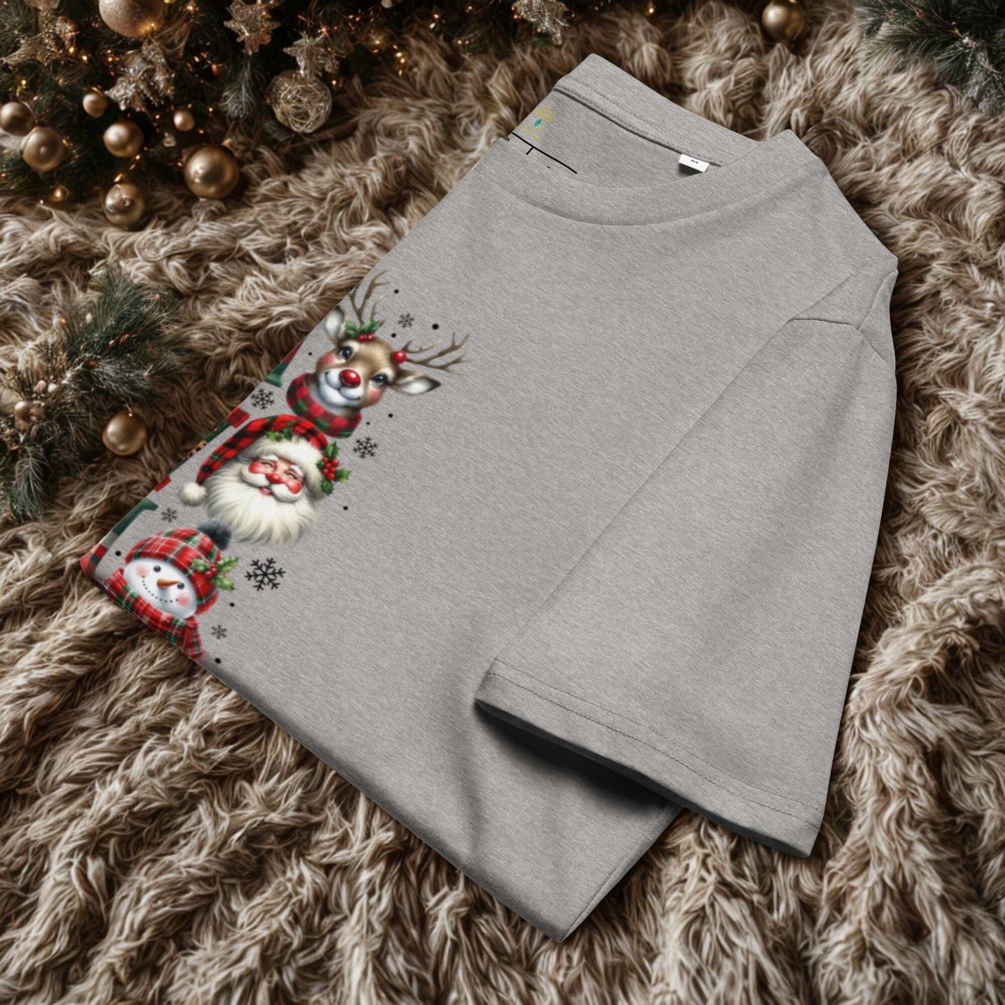 Unisex organic cotton Christmas t-shirt with festive Santa, reindeer, and snowman design on grey fabric