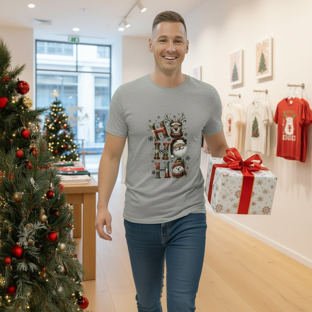 Unisex organic cotton Christmas t-shirt with festive holiday print worn by man at a clothing store