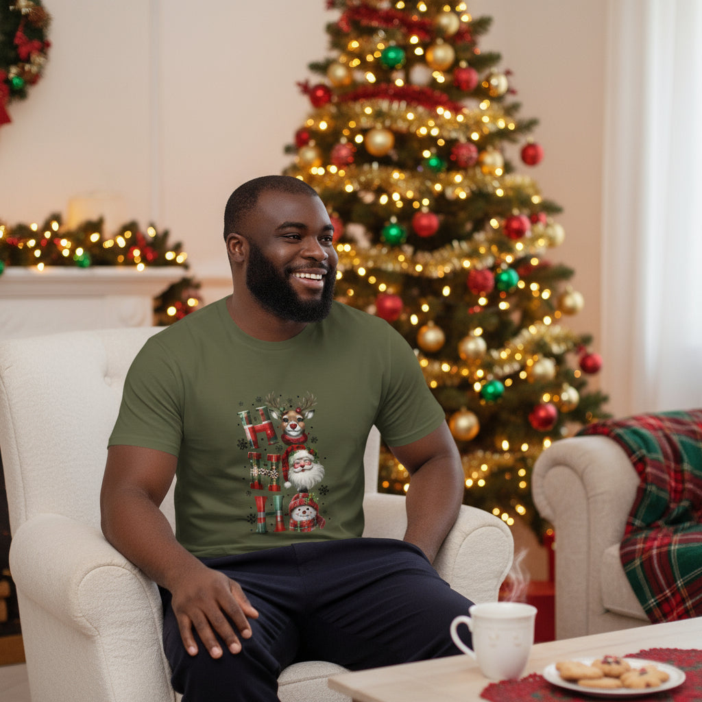 Man wearing unisex organic cotton Christmas t-shirt with festive holiday design outdoors in snowy setting
