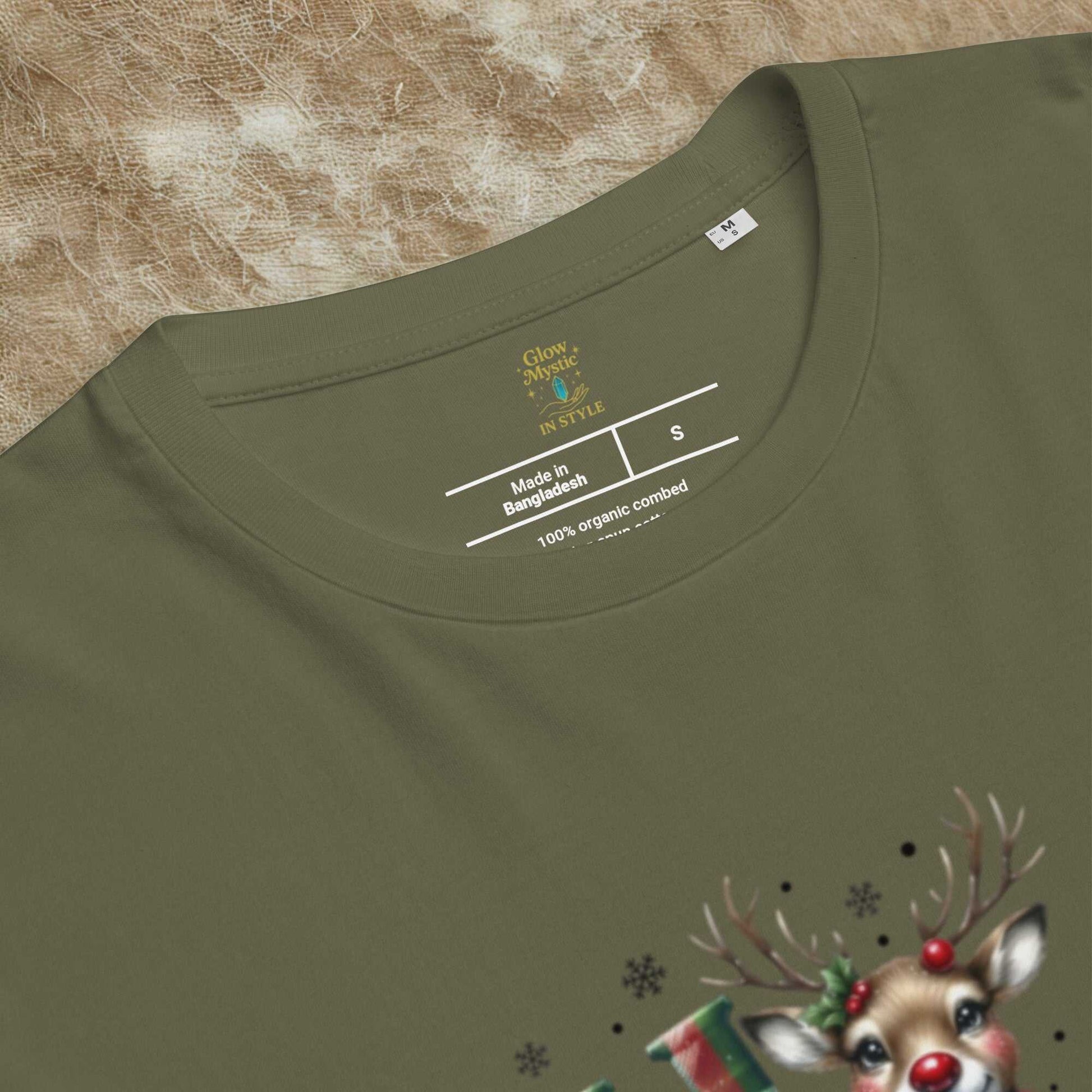 Unisex organic cotton Christmas t-shirt in olive green with festive reindeer design and sustainable fabric.