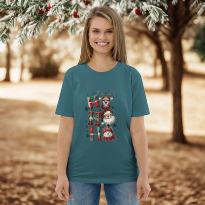 Unisex organic cotton Christmas T-shirt with festive Ho Ho Ho design modeled outdoors