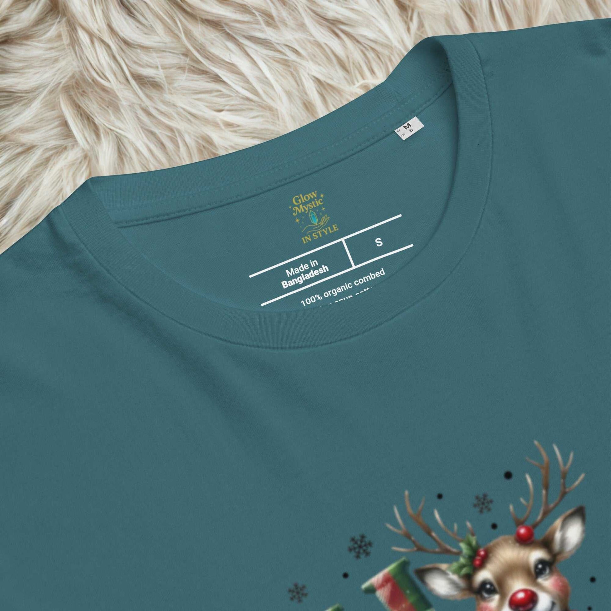 Unisex organic cotton Christmas T-shirt with reindeer design and eco-friendly materials
