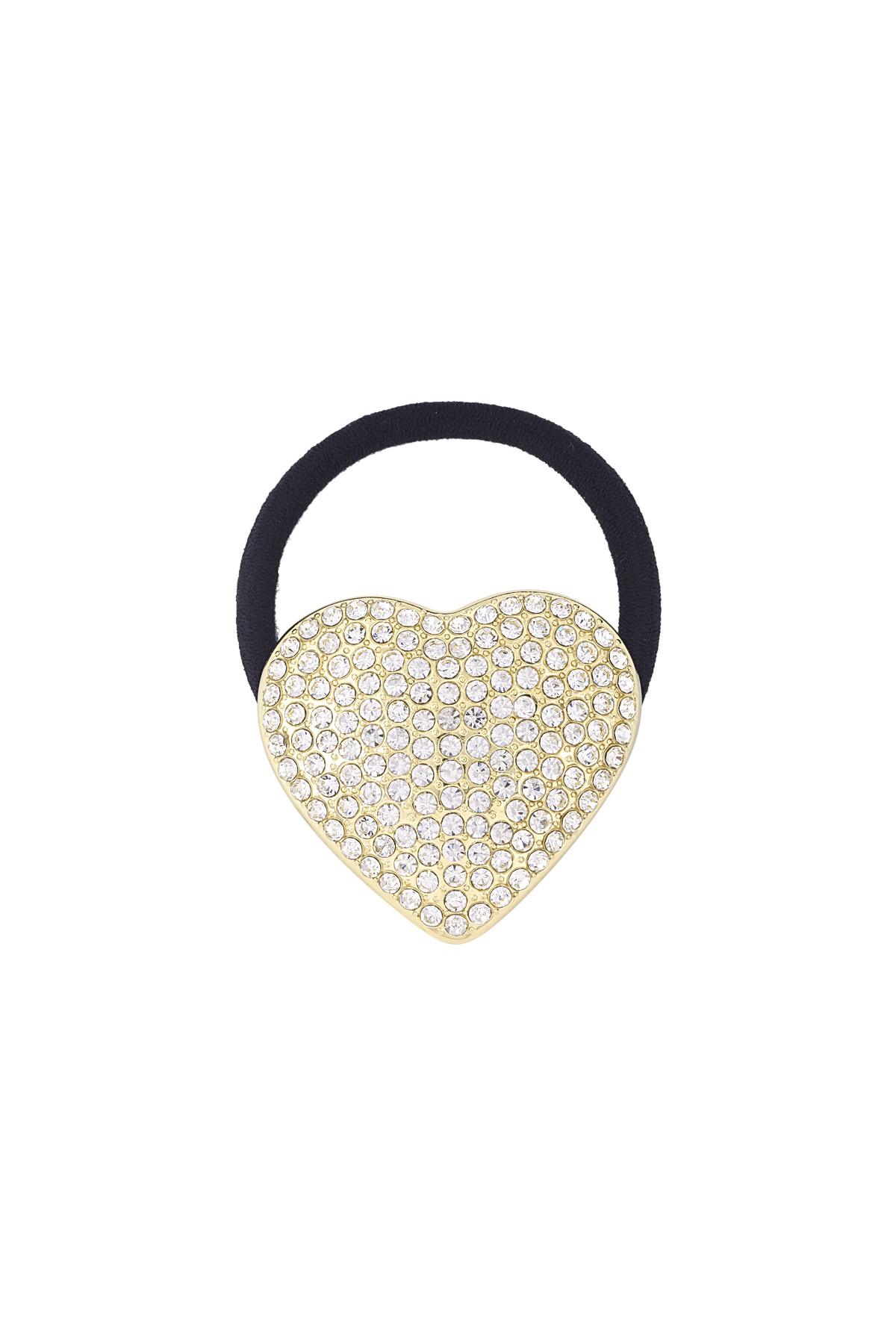 Luxe goudkleurige haarstiek met een metalen hart dat volledig is ingelegd met glinsterende strass-steentjes op een witte achtergrond.