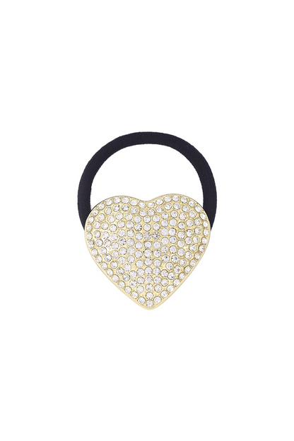 Luxe goudkleurige haarstiek met een metalen hart dat volledig is ingelegd met glinsterende strass-steentjes op een witte achtergrond.