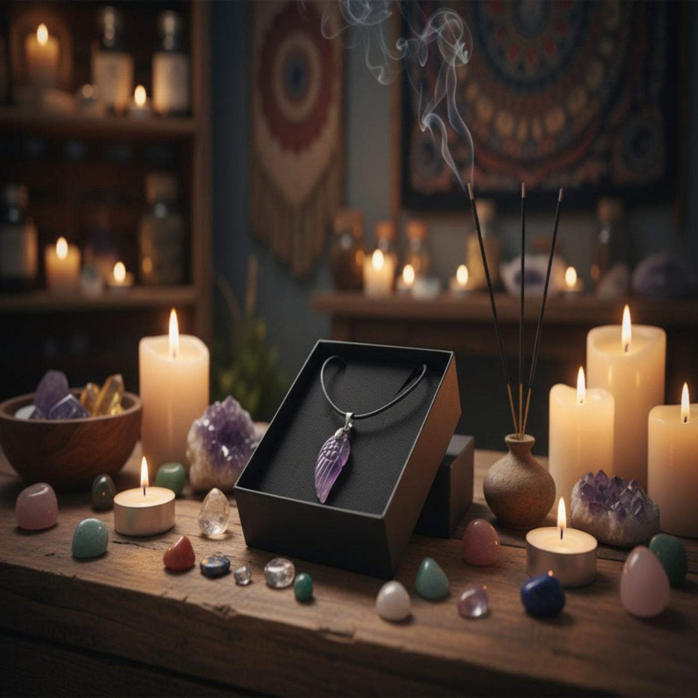 Amethist engelenvleugel ketting met natuurlijke paarse hanger en zwarte ketting in luxe geschenkdoos, spiritueel sieraad voor bescherming en innerlijke rust.