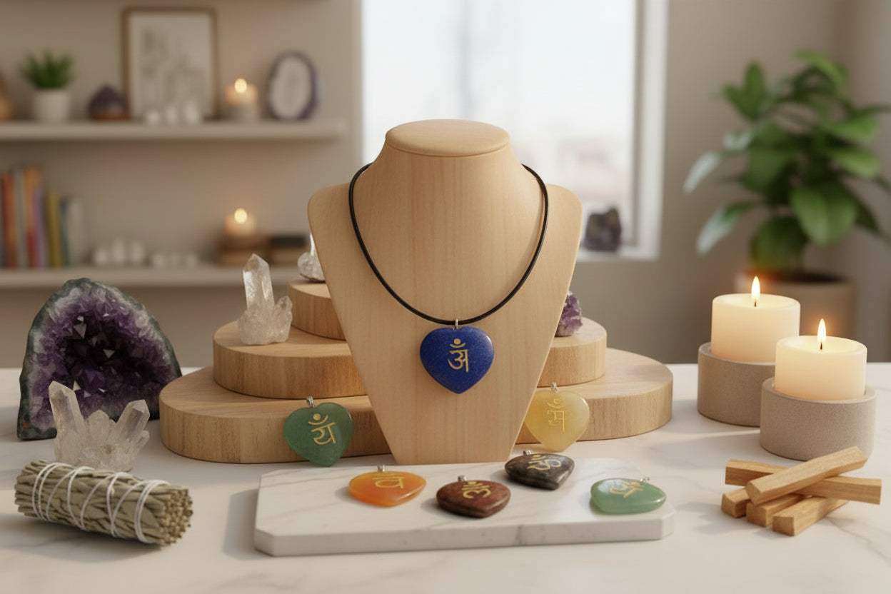 7 Chakra Heart Pendant set met handgemaakte hartvormige halfedelstenen en zwart leren ketting, inclusief Sanskriet chakra-symbolen.