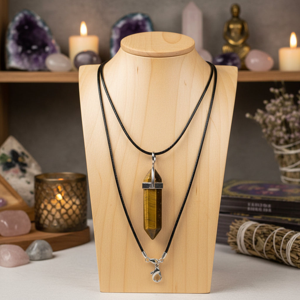 Tijgeroog punt hanger aan zwarte leren ketting, spiritueel sieraad voor kracht en bescherming