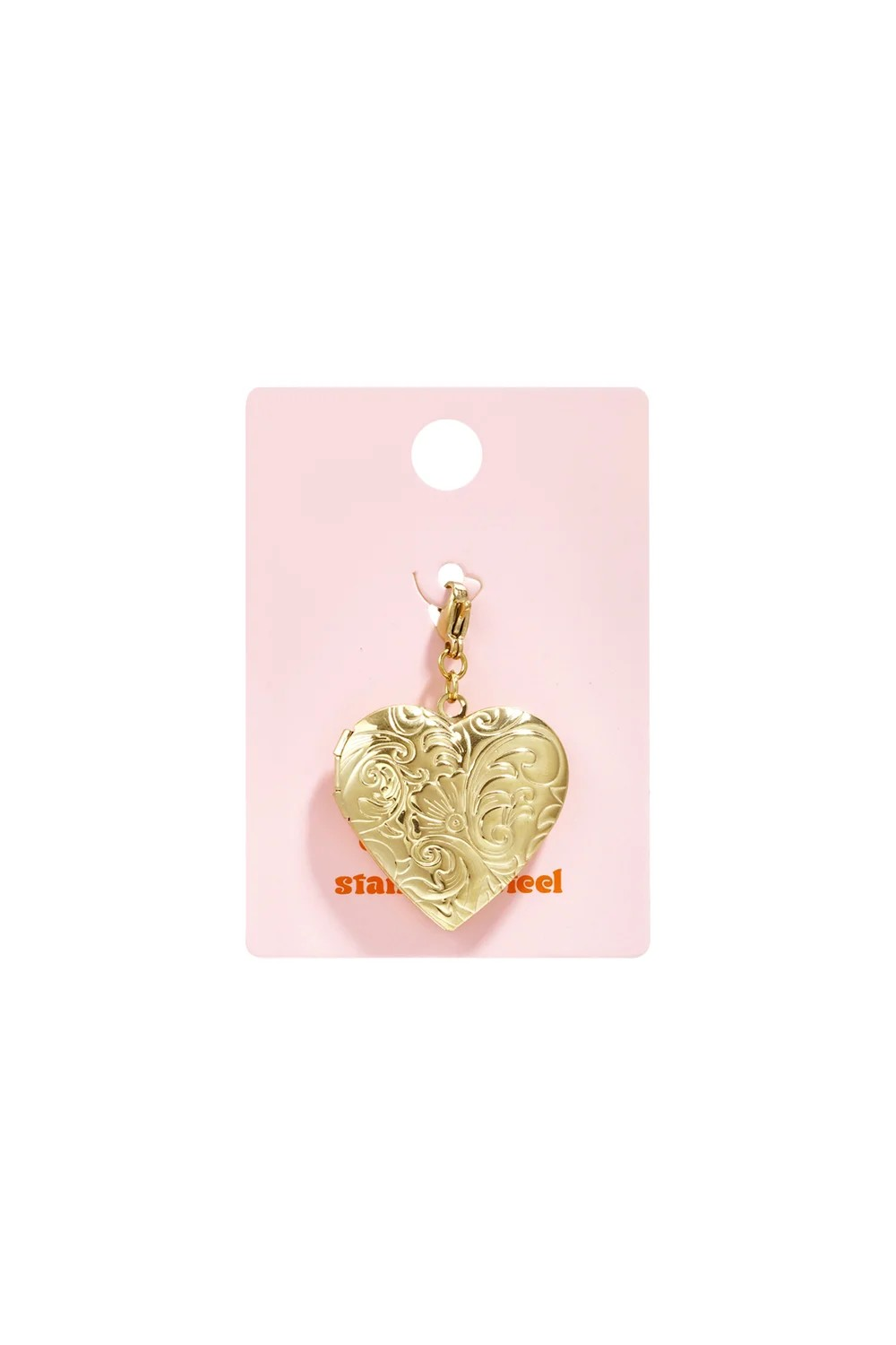Gouden RVS hart medaillon bedel met fotovak voor ketting of bedelarmband aan sieraden kaartje