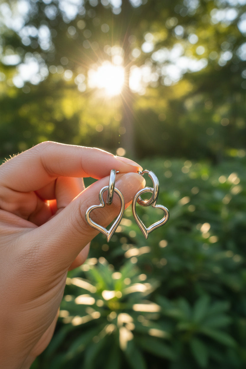 Hartoorbellen tussen de vingers van een vrouw buiten in de natuur waar de zonlicht schijnt op de hartjes oorbellen.