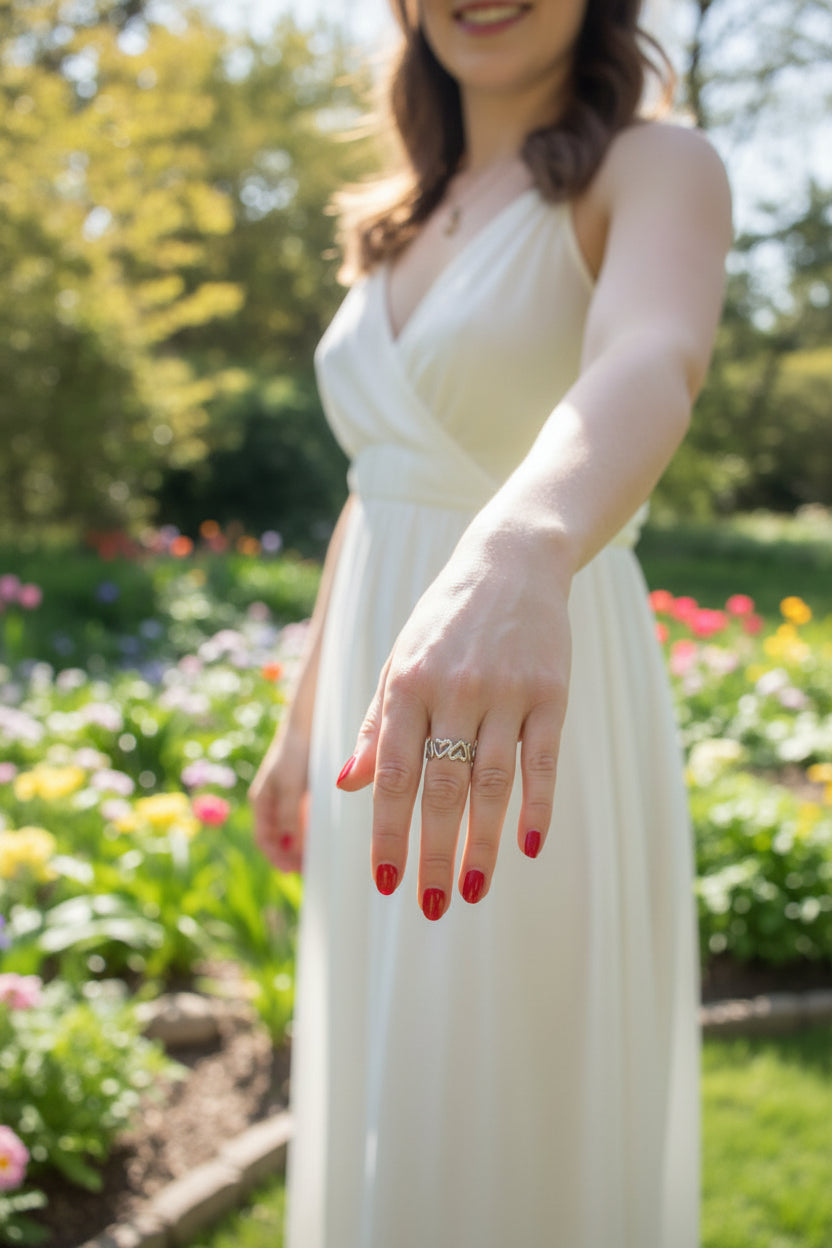 "Elegante zilverkleurige RVS ring met hartjes gedragen door een vrouw in een witte jurk in een zonnige tuin."