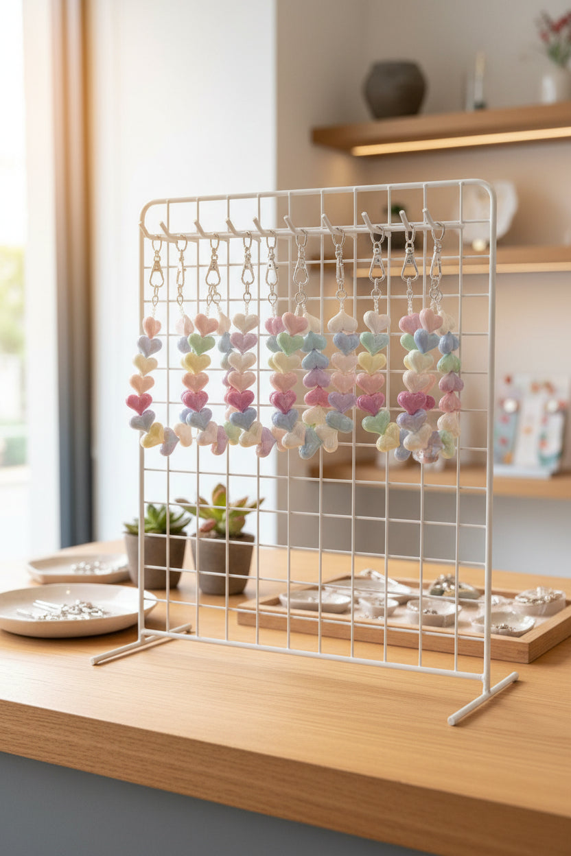 Een wit metalen toonbankrek gevuld met meerdere pastelkleurige telefoonkoorden gemaakt van parelmoer glanzende hartjeskralen, geplaatst op een houten tafel in een sfeervolle winkel of boetiek.