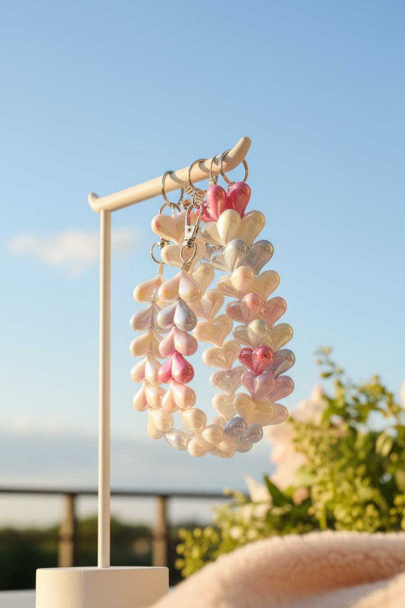 "twee handgemaakte telefoonkoorden met parelmoer hartjes in wit en pastelkleuren hangend aan een witte display tegen een blauwe lucht."