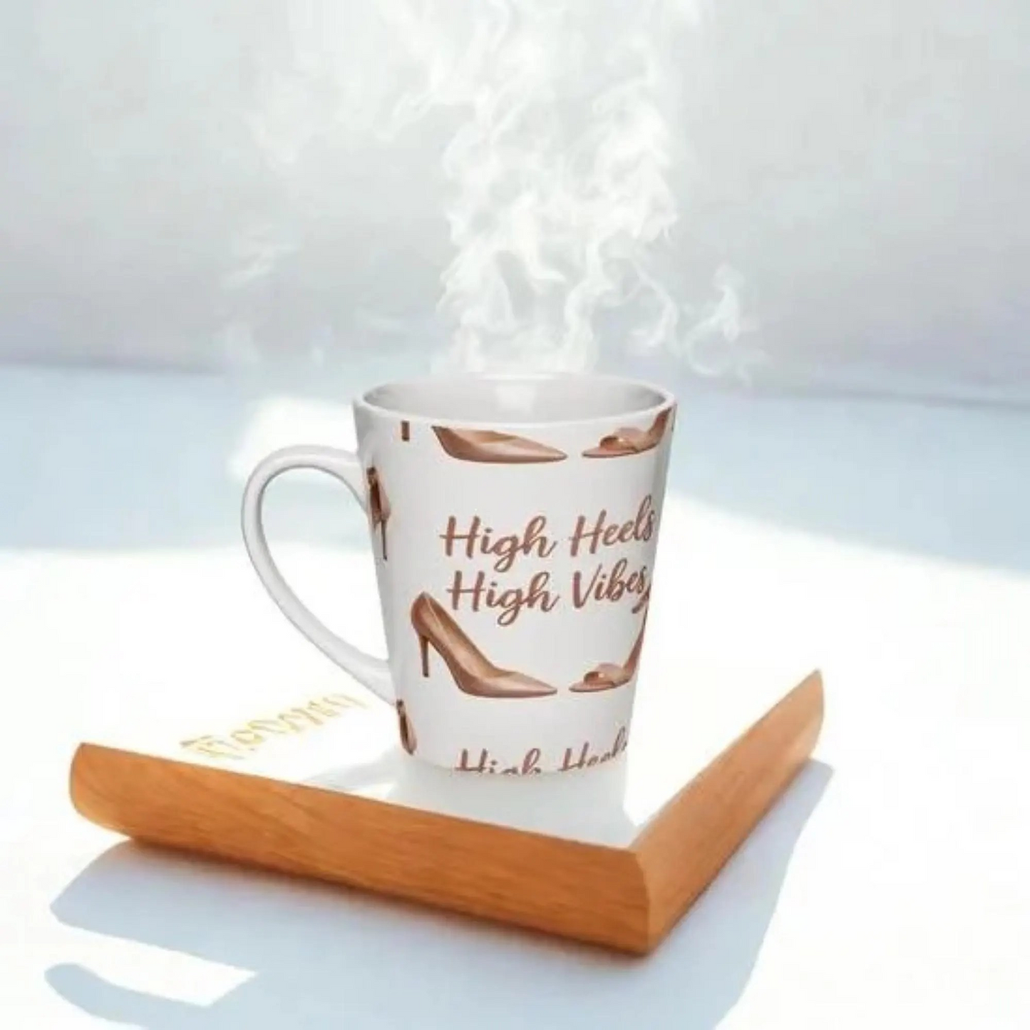High Heels and High Vibes Latte Mug white ceramic coffee cup with high heel design on wooden tray