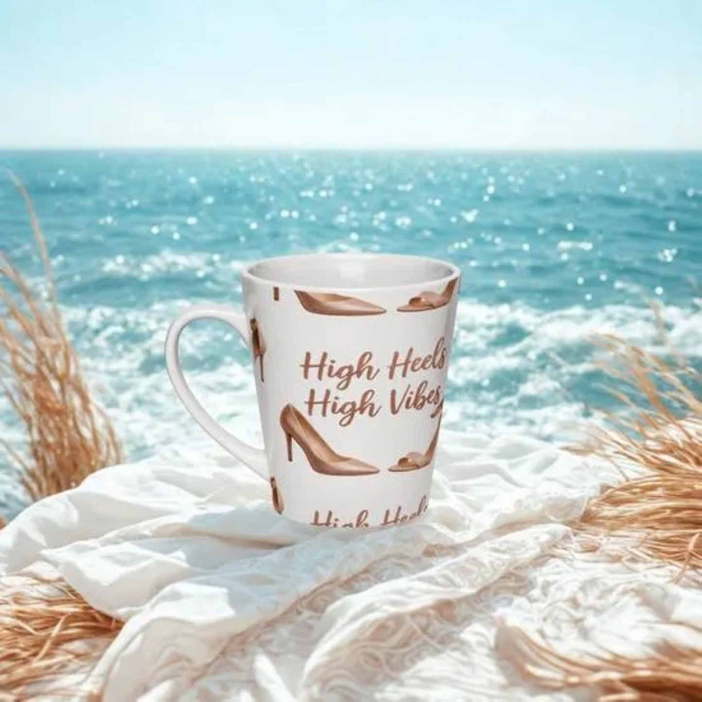 High Heels and High Vibes Latte Mug white ceramic coffee cup with high heel design by the ocean