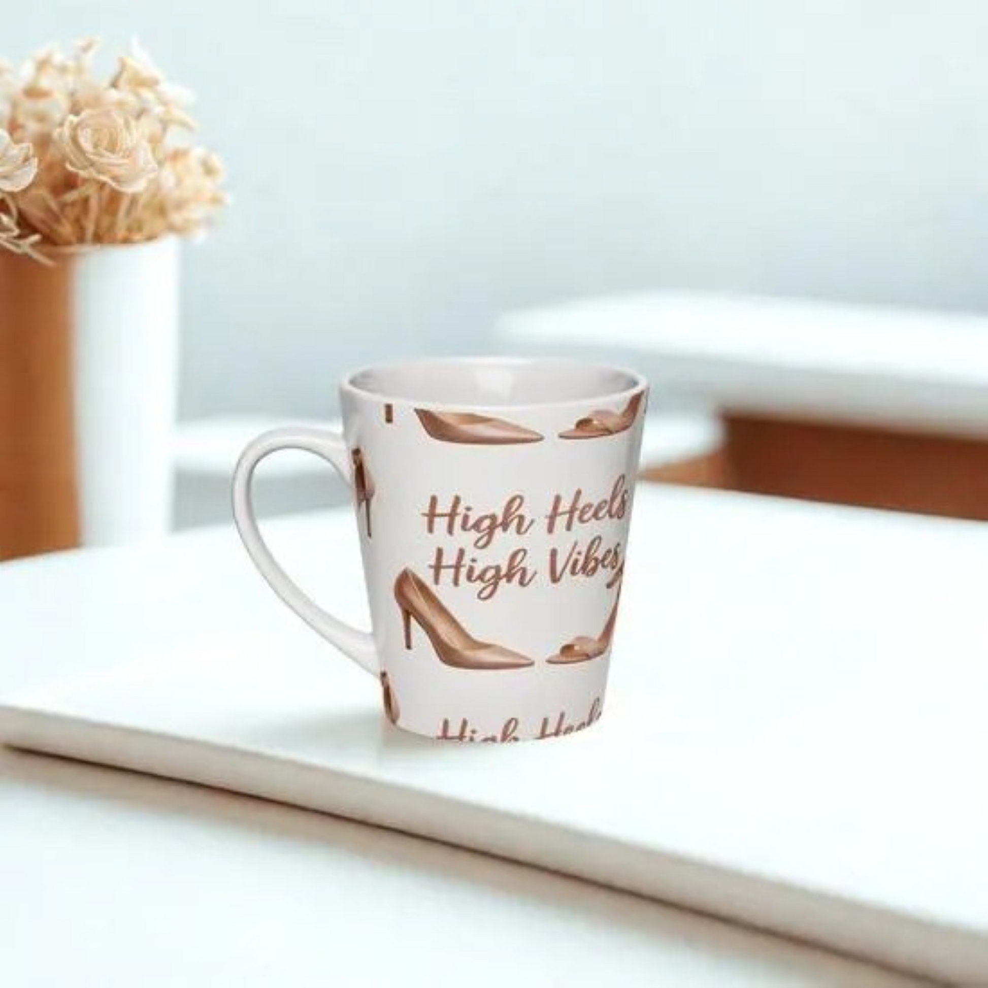 White ceramic latte mug with high heels and "High Heels High Vibes" text design