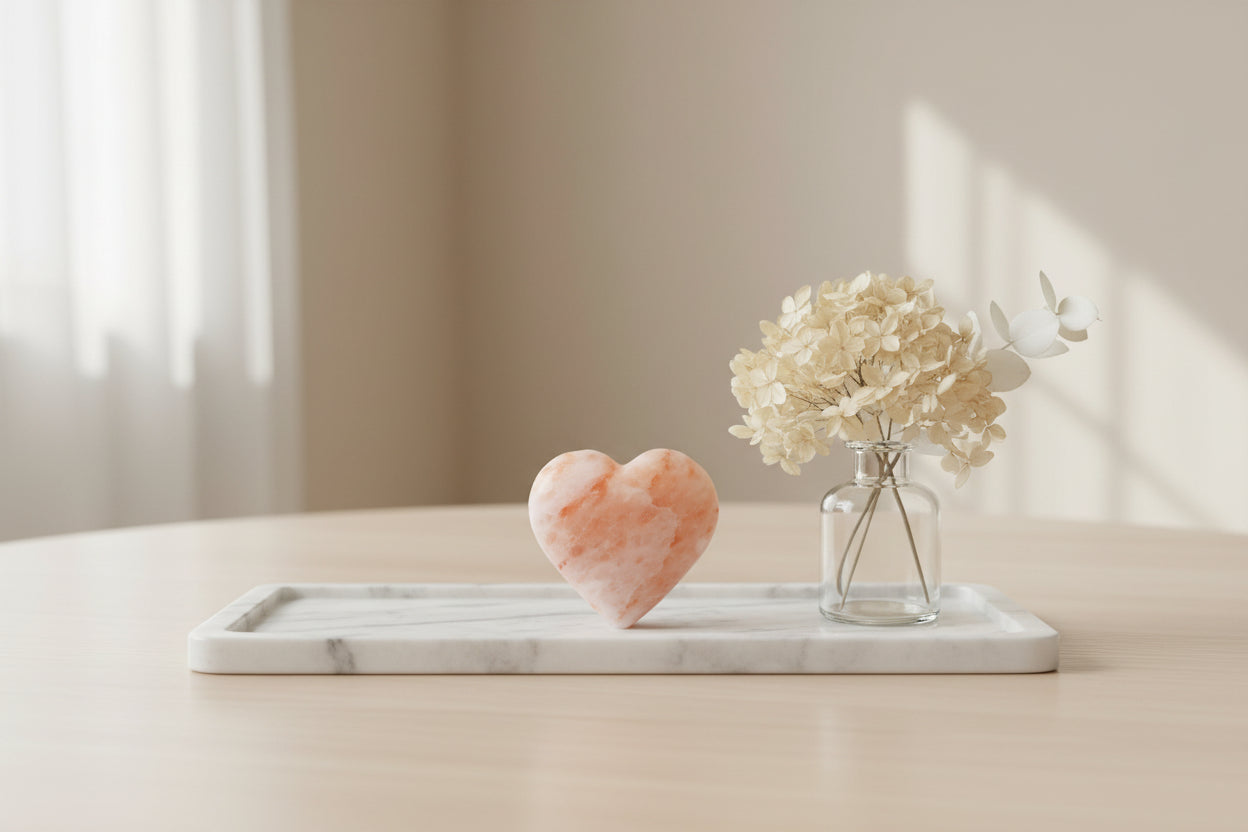 Handgeslepen roze Himalaya zoutsteen massagetoestel in de vorm van een hart, liggend op een witte tafel naast zachte witte bloemetjes - Glow Mystic in Style.