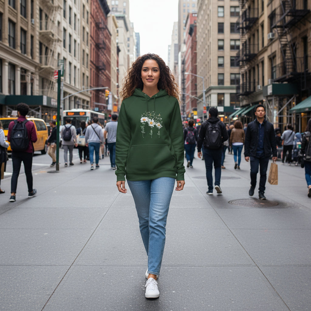 woman wearing green unisex eco raglan hoodie with white floral print and inspirational text on front