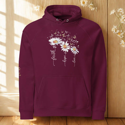 Unisex eco raglan hoodie in burgundy with floral print and inspiring text "faith hope love" made from organic and recycled materials